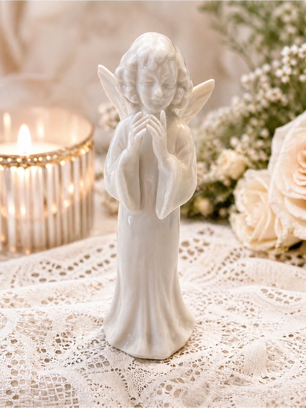 Vintage German Porcelain Angel Figurine White Praying Dresden Style